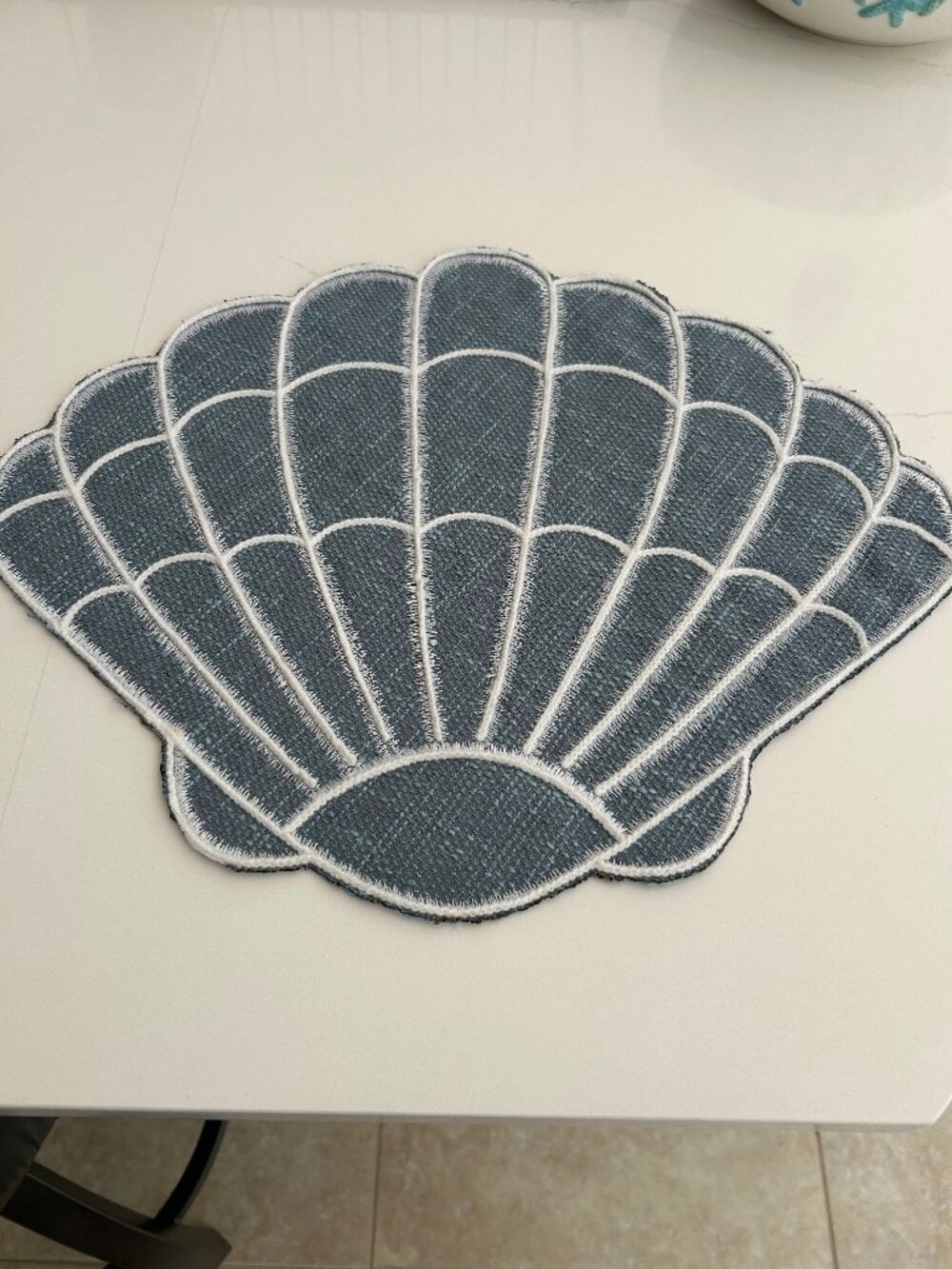 Seashell shaped placemat, teal and white, coastal decor